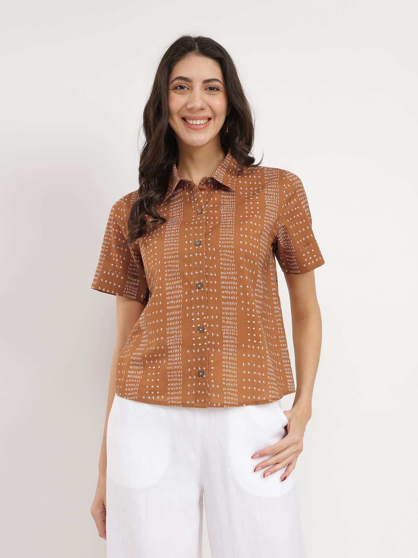 Cotton Geometric Print Shirt - Tan