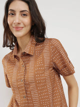 Cotton Geometric Print Shirt - Tan