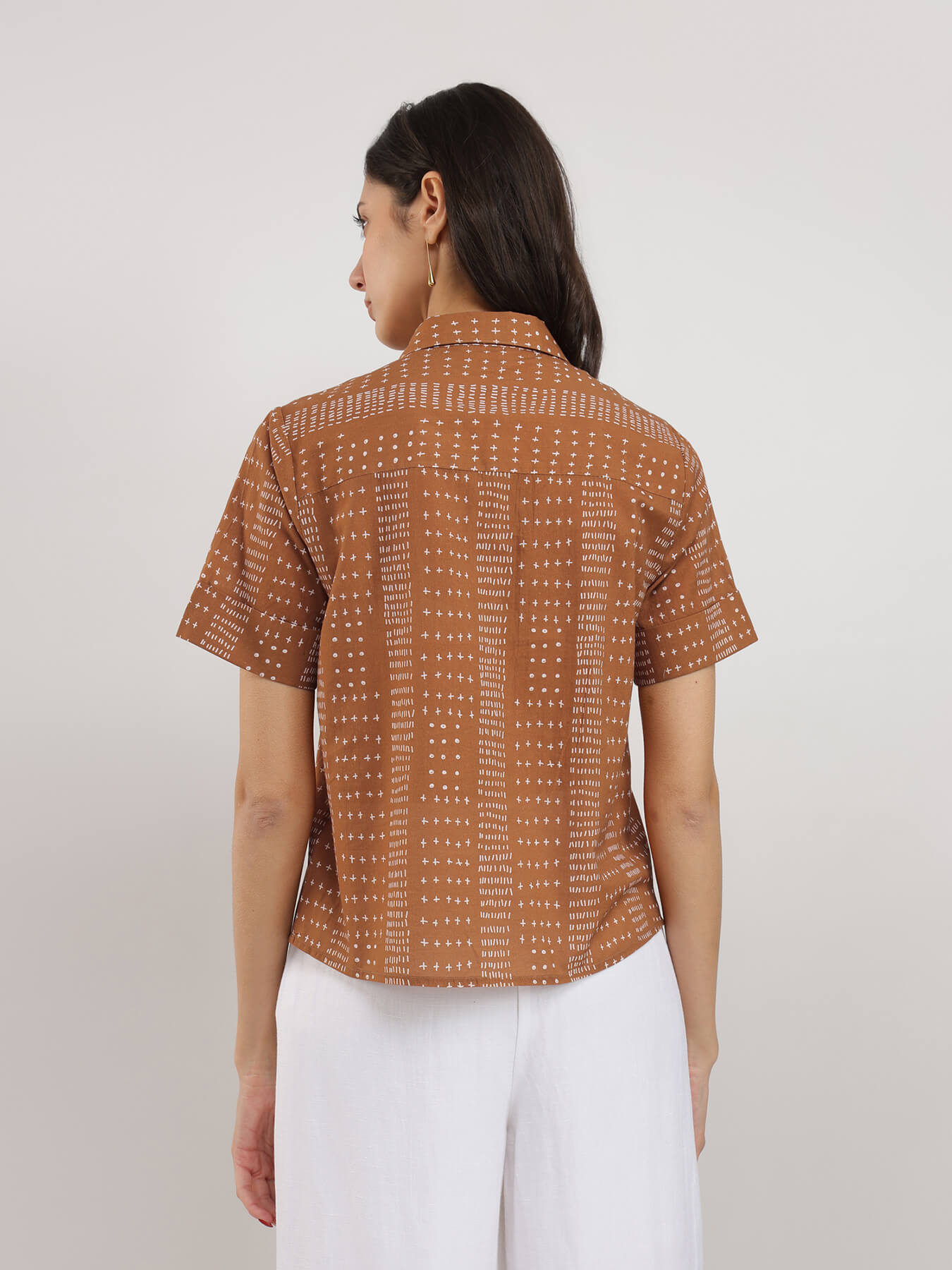 Cotton Geometric Print Shirt - Tan