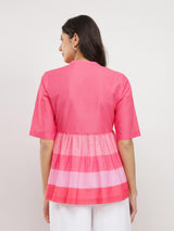 Cotton Striped Peplum Top - Pink