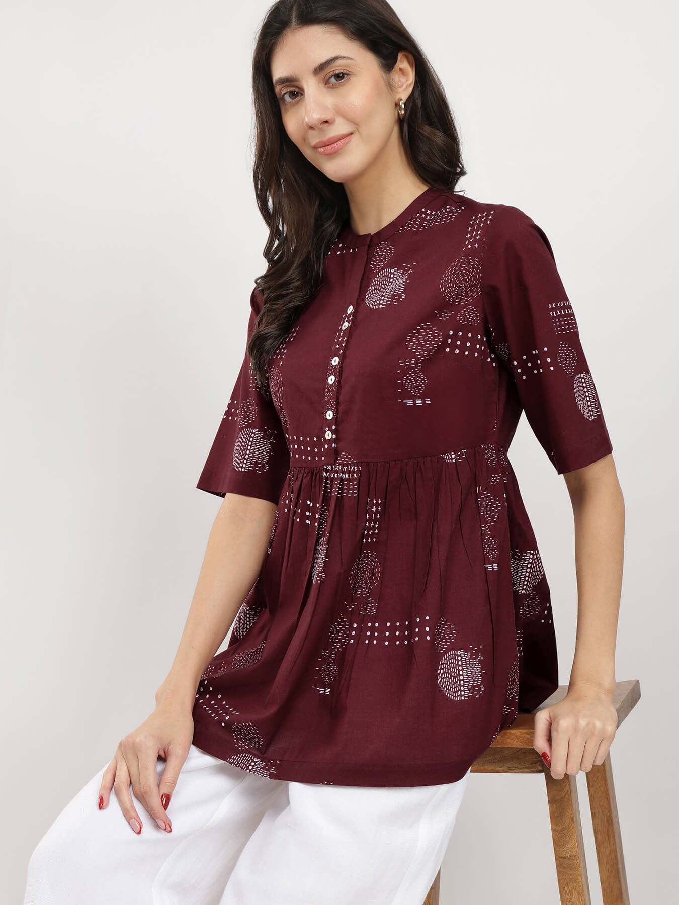 Cotton Geometric Print Tunic - Burgundy