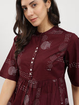 Cotton Geometric Print Tunic - Burgundy