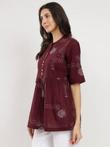 Cotton Geometric Print Tunic - Burgundy