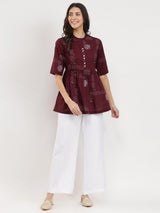Cotton Geometric Print Tunic - Burgundy