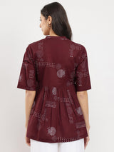 Cotton Geometric Print Tunic - Burgundy