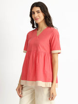 Cotton Handwoven Colourblock Top - Pink & Beige