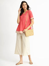 Cotton Handwoven Colourblock Top - Pink & Beige