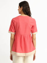 Cotton Handwoven Colourblock Top - Pink & Beige