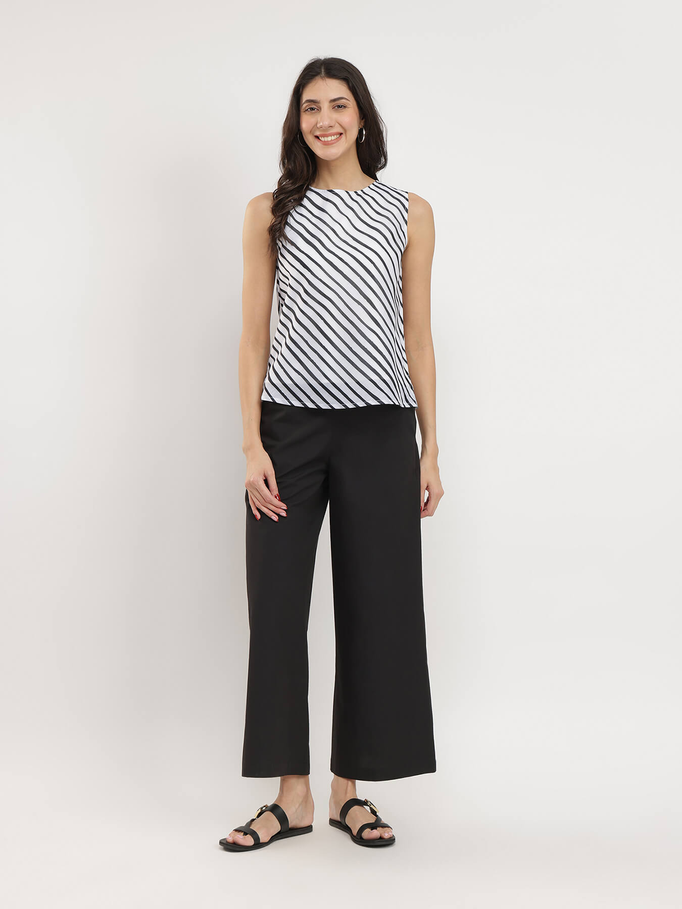 Striped Boat Neck Top - White & Black