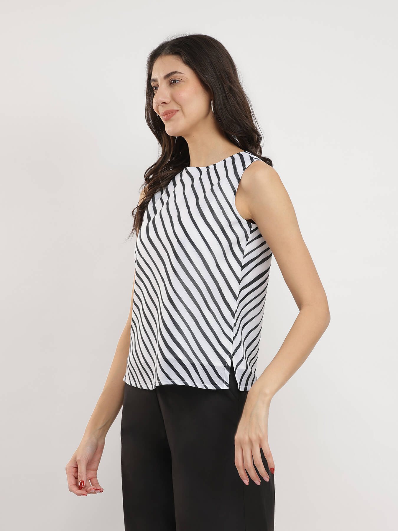 Striped Boat Neck Top - White & Black