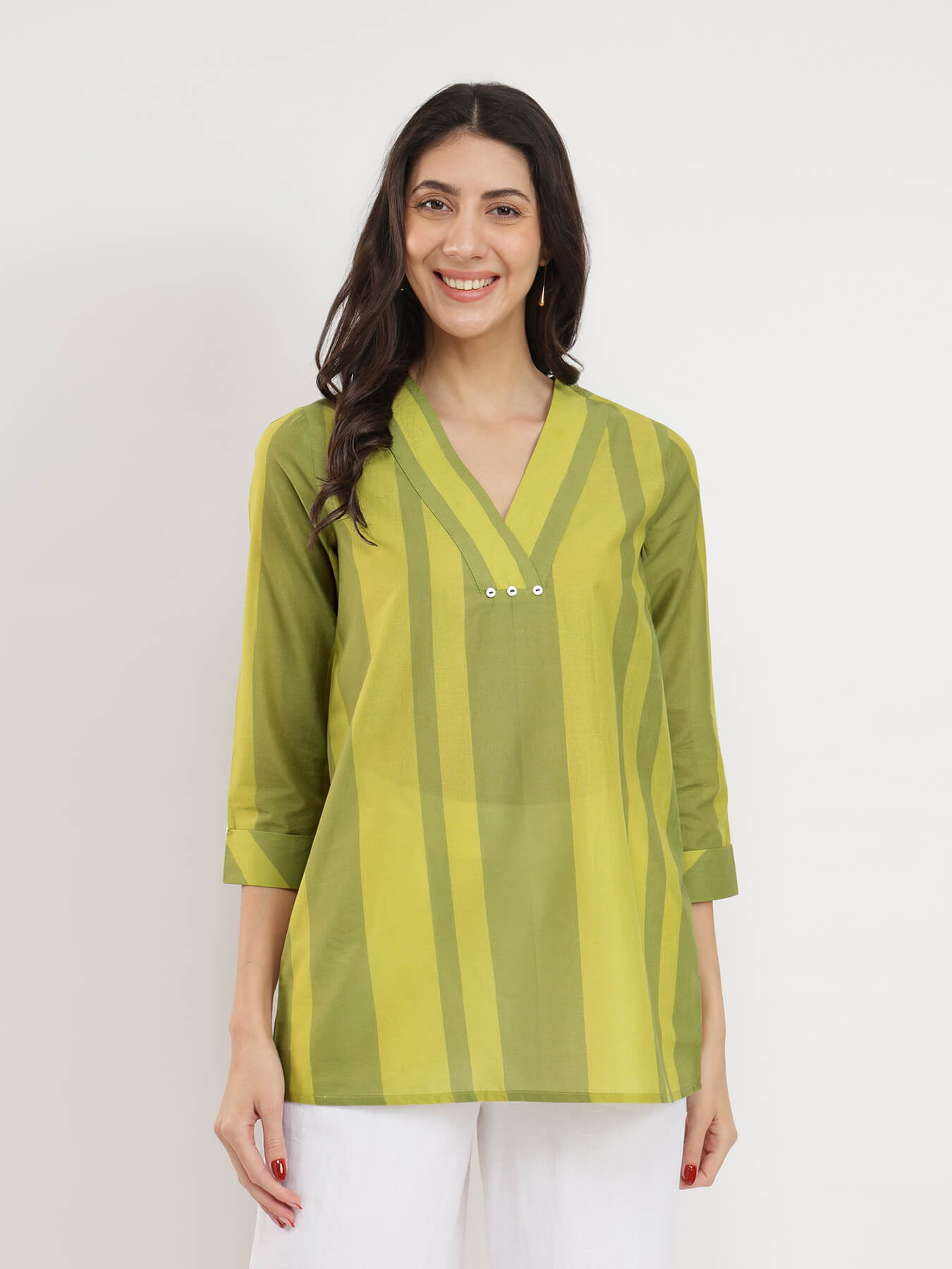 Cotton Monotone Striped Top - Green