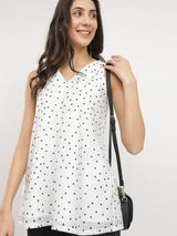 Polka Print V-Neck Top - White & Black