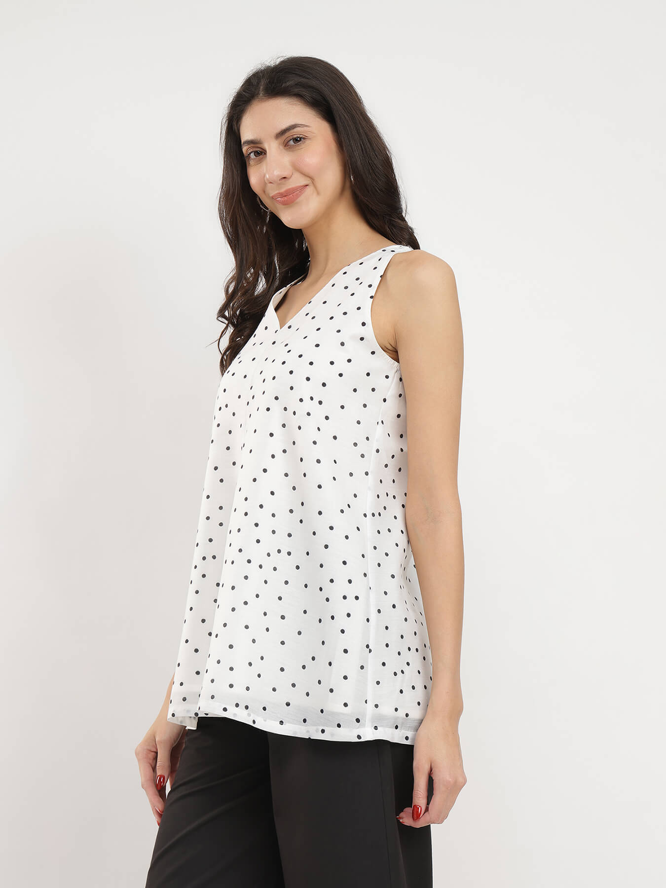 Polka Print V-Neck Top - White & Black