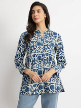 Cotton Dabu Floral Buttoned Top - Indigo
