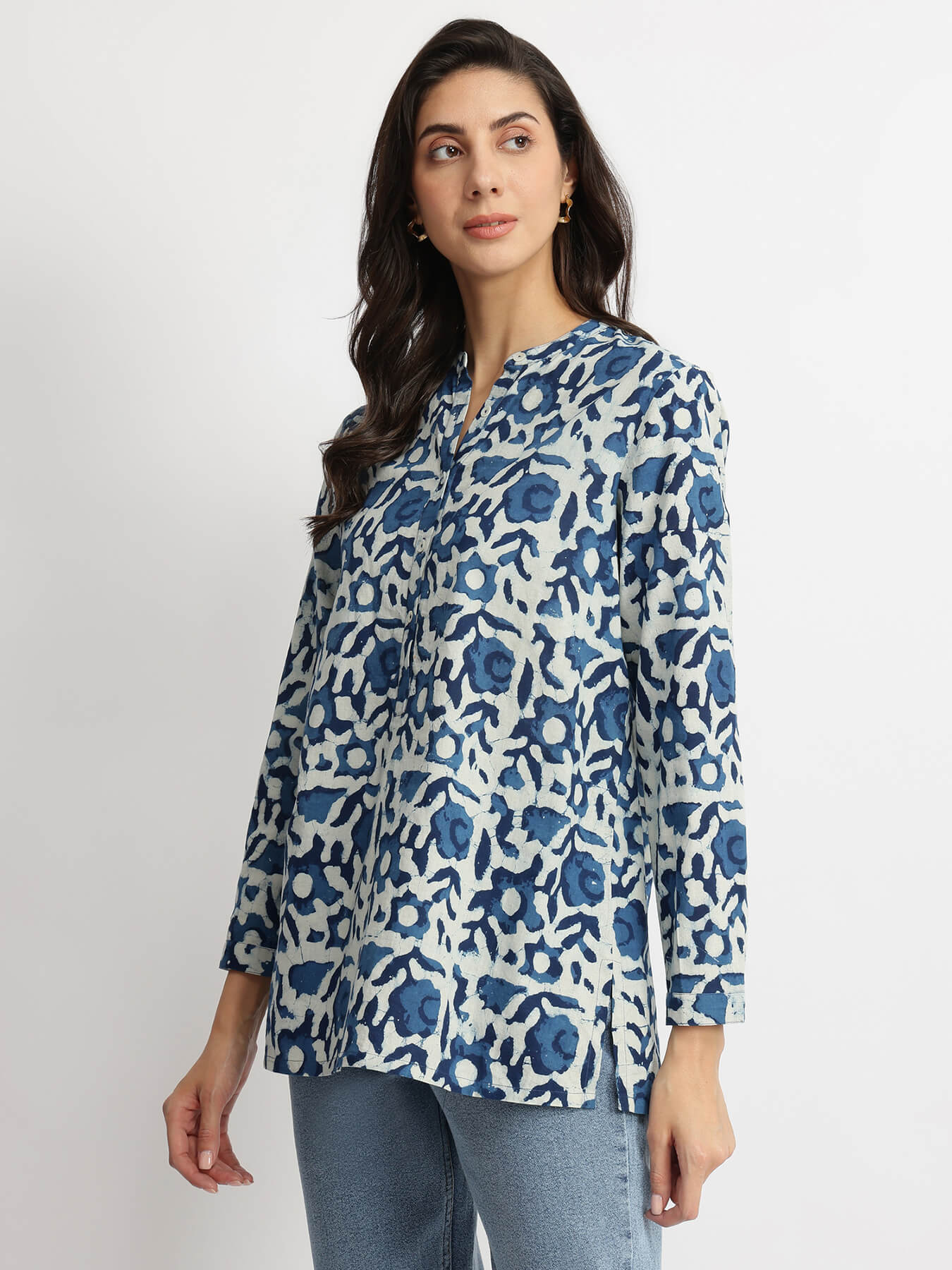 Cotton Dabu Floral Buttoned Top - Indigo