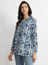 Cotton Dabu Floral Buttoned Top - Indigo