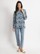 Cotton Dabu Floral Buttoned Top - Indigo