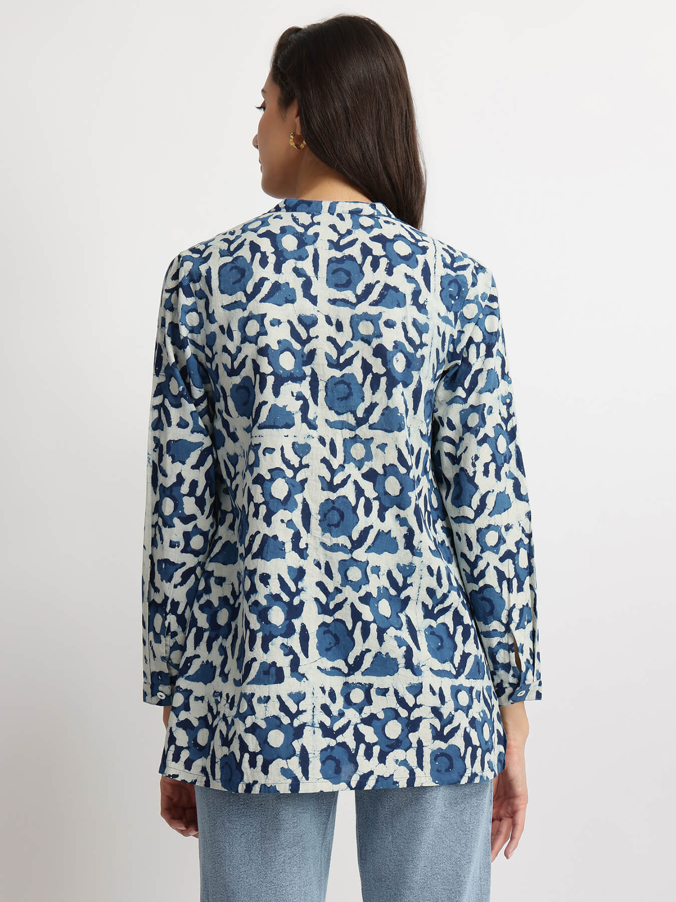 Cotton Dabu Floral Buttoned Top - Indigo