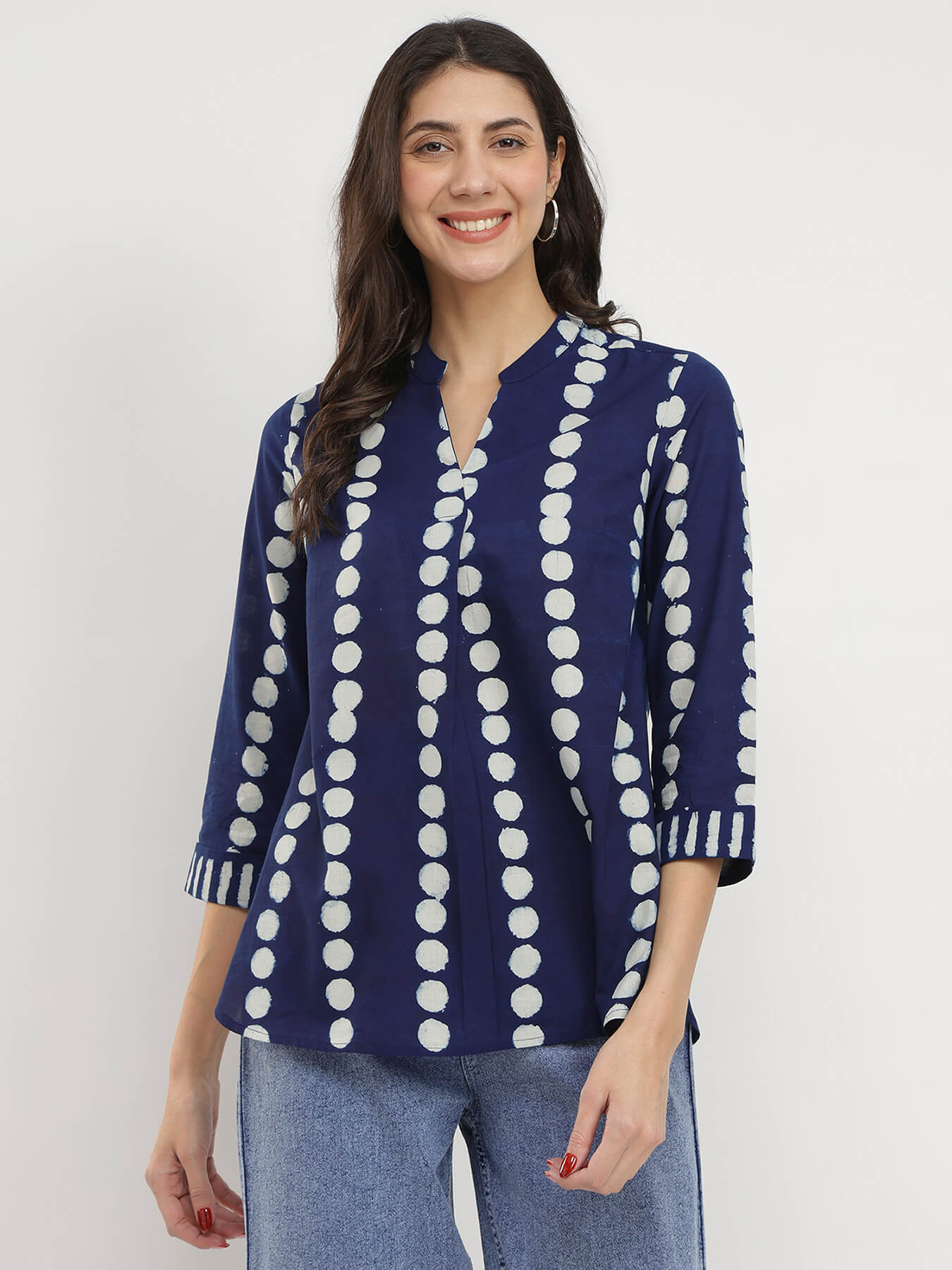 Cotton Dabu Polka Print Top - Indigo