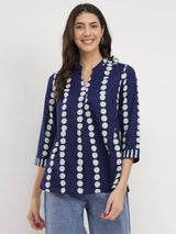 Cotton Dabu Polka Print Top - Indigo