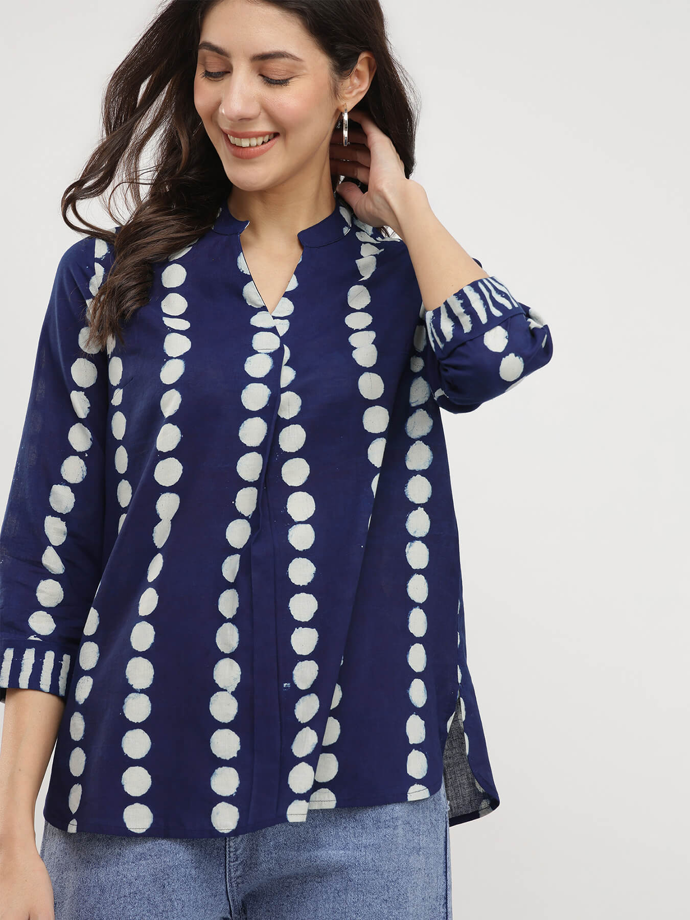 Cotton Dabu Polka Print Top - Indigo