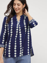 Cotton Dabu Polka Print Top - Indigo