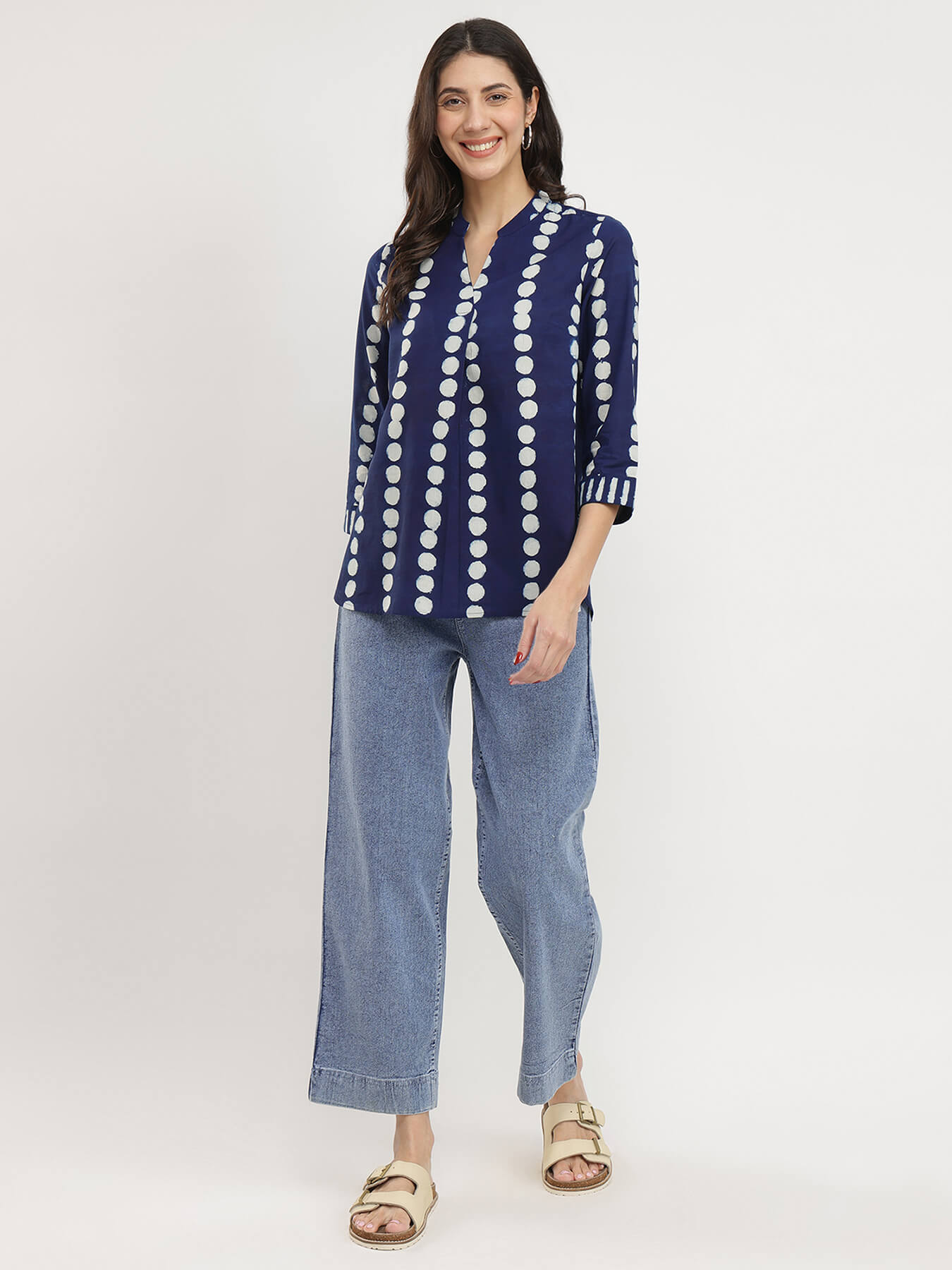 Cotton Dabu Polka Print Top - Indigo