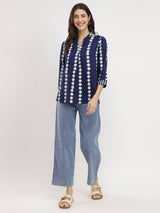 Cotton Dabu Polka Print Top - Indigo