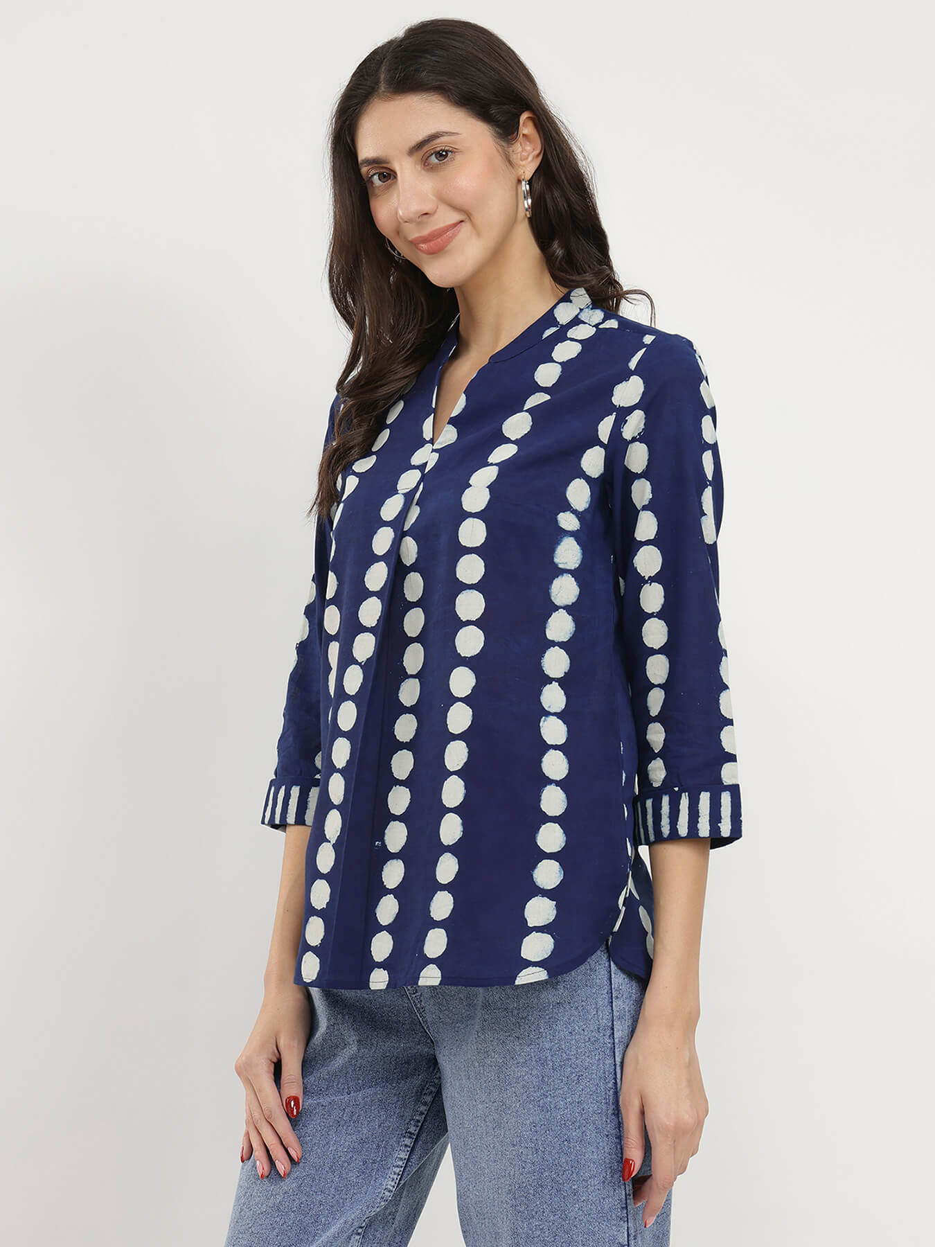 Cotton Dabu Polka Print Top - Indigo