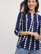 Cotton Dabu Polka Print Top - Indigo