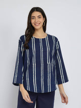 Cotton Dabu Striped Boxy Top - Indigo
