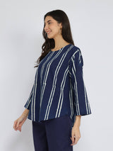 Cotton Dabu Striped Boxy Top - Indigo