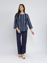 Cotton Dabu Striped Boxy Top - Indigo