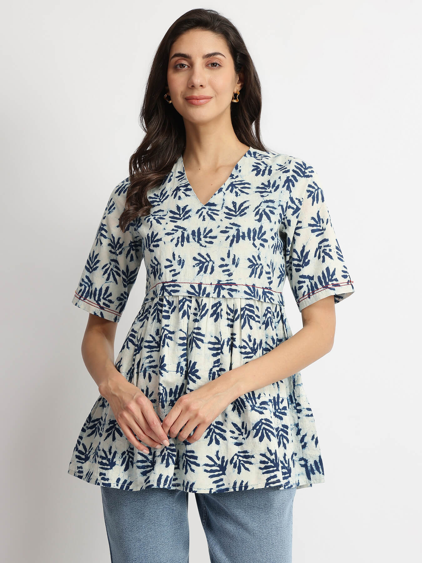 Cotton Dabu Leaf Print Top - Indigo