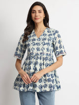 Cotton Dabu Leaf Print Top - Indigo