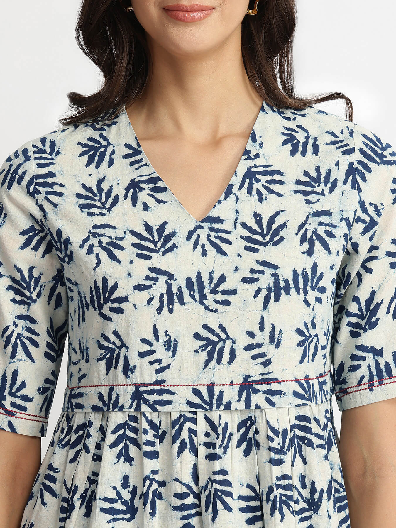 Cotton Dabu Leaf Print Top - Indigo
