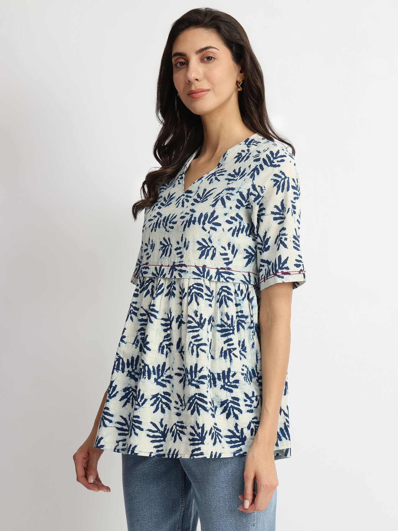 Cotton Dabu Leaf Print Top - Indigo
