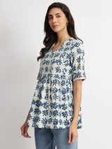Cotton Dabu Leaf Print Top - Indigo