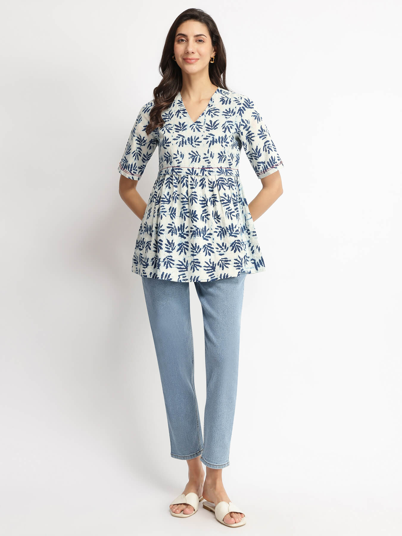Cotton Dabu Leaf Print Top - Indigo