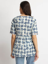 Cotton Dabu Leaf Print Top - Indigo