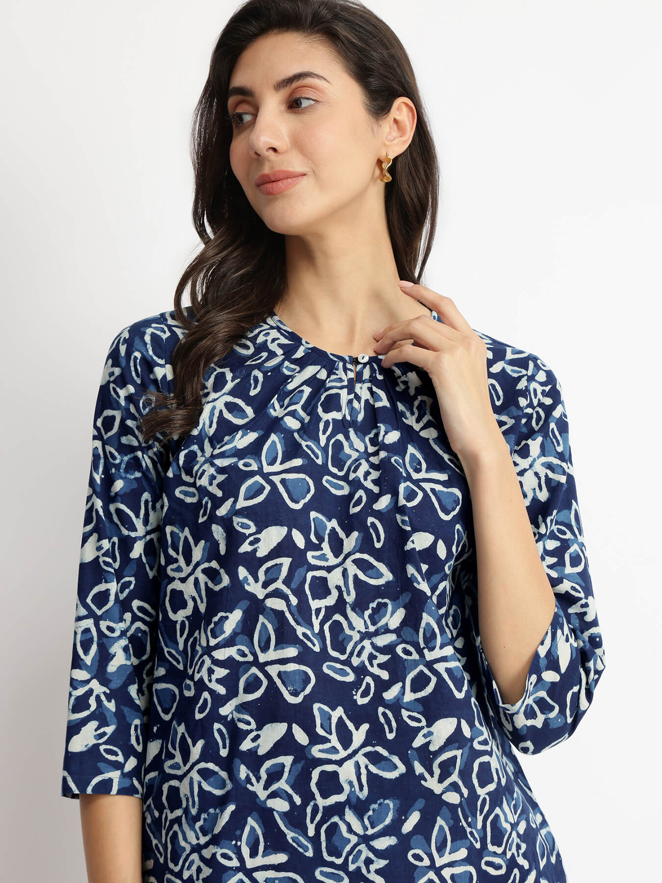 Cotton Dabu Floral Print Top - Indigo