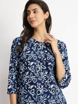 Cotton Dabu Floral Print Top - Indigo