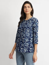Cotton Dabu Floral Print Top - Indigo
