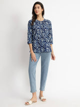 Cotton Dabu Floral Print Top - Indigo