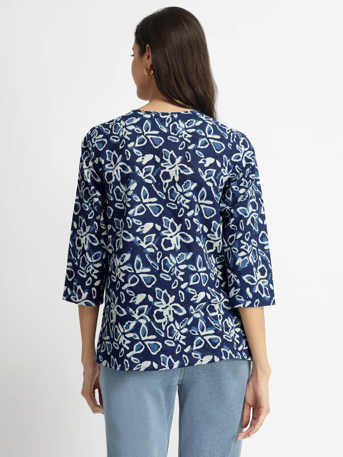 Cotton Dabu Floral Print Top - Indigo