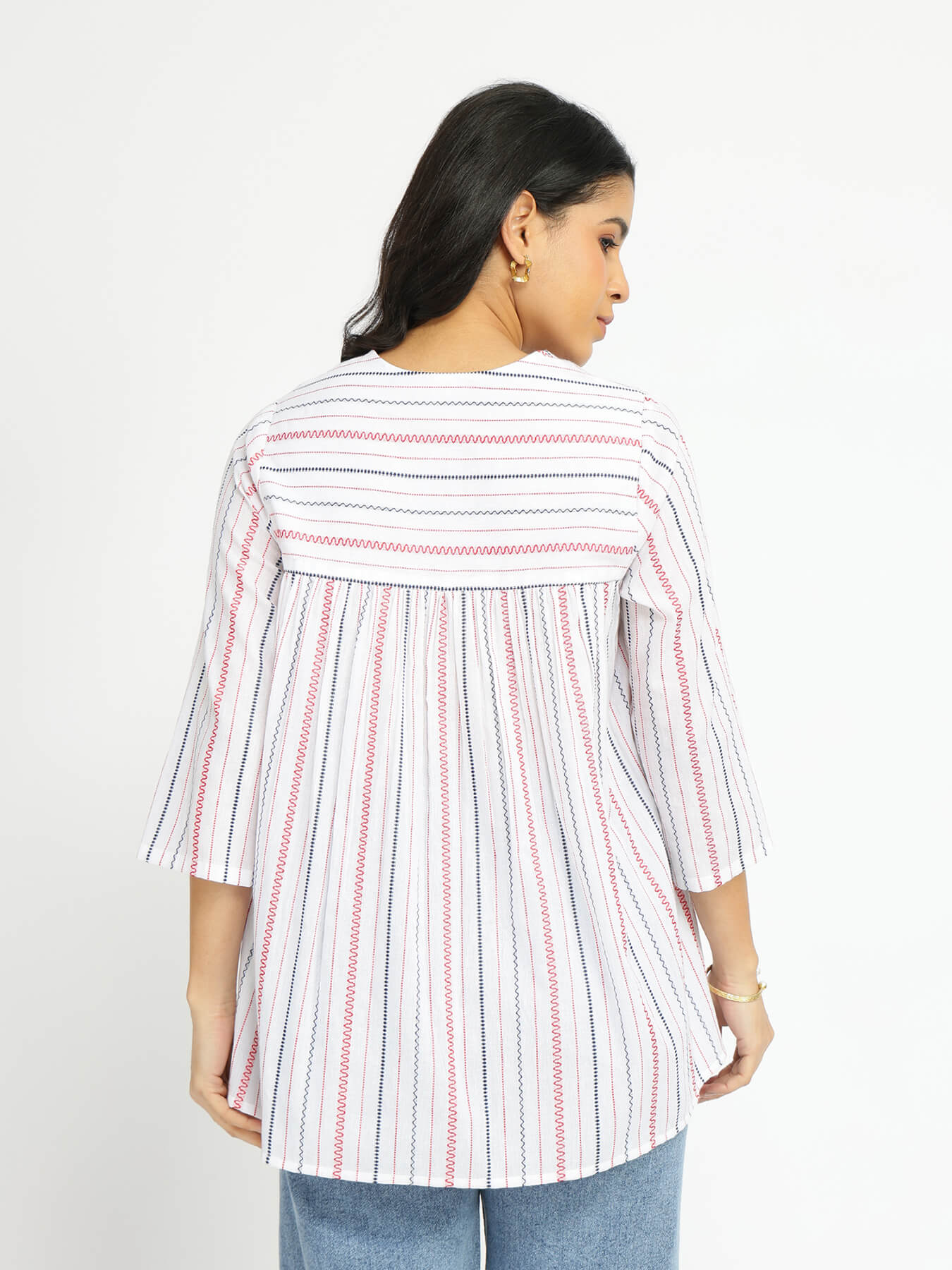 Cotton Striped A-Line Top - White