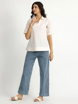 Cotton Jacquard Shirt Collar Top - White