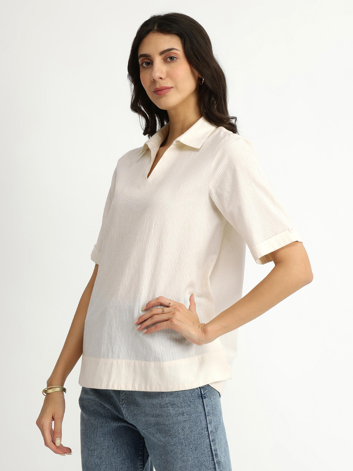 Cotton Jacquard Shirt Collar Top - White