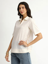 Cotton Jacquard Shirt Collar Top - White