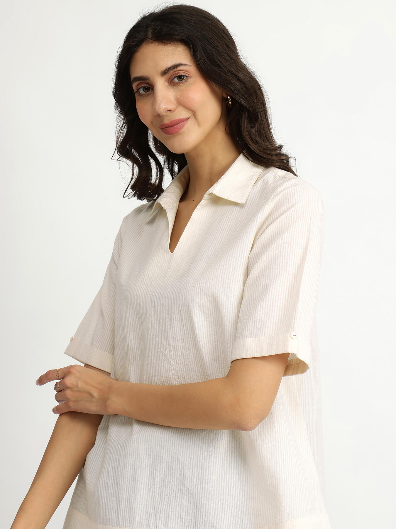 Cotton Jacquard Shirt Collar Top - White